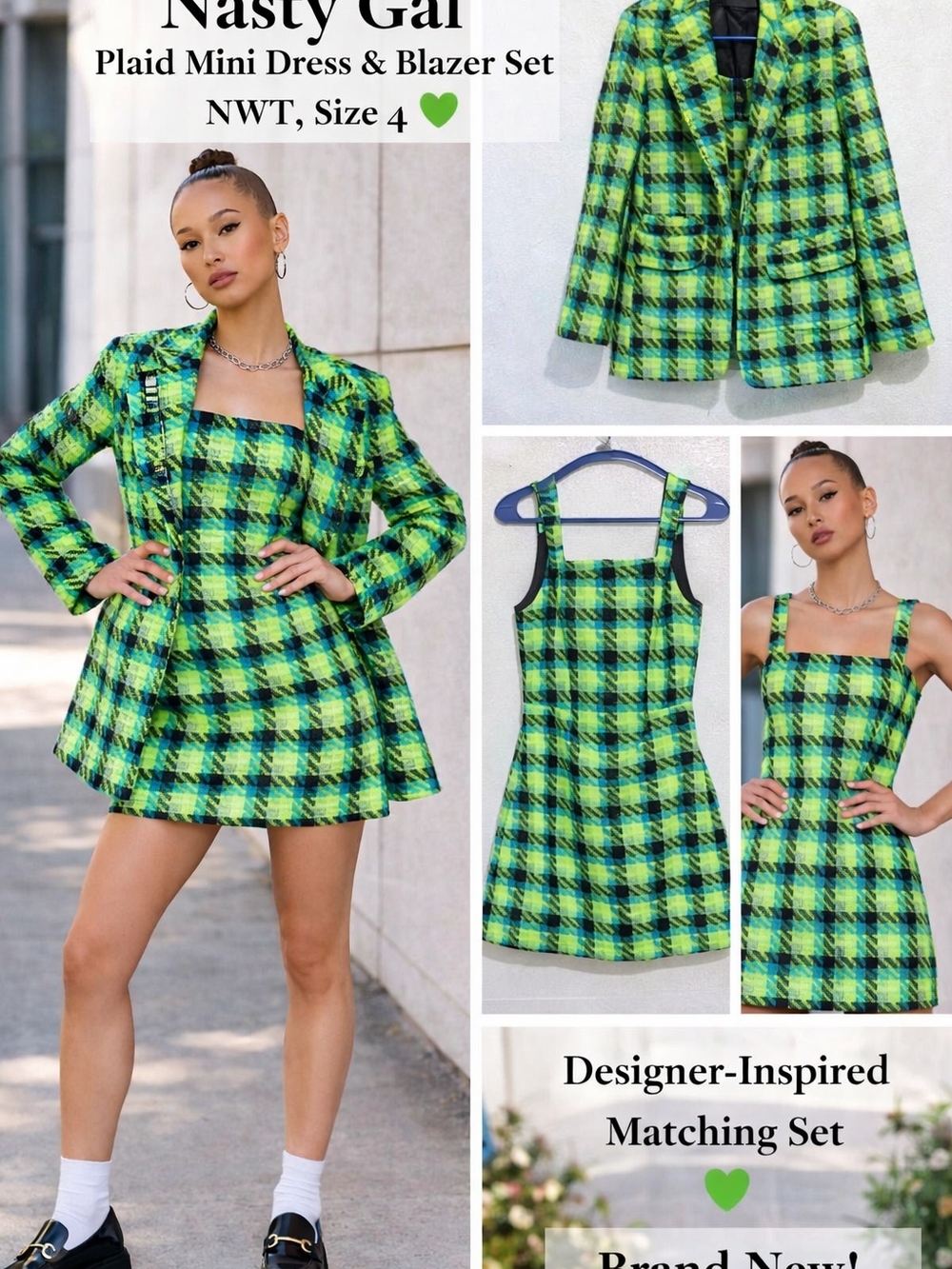 NWT Nasty Gal Plaid Mini Dress & Blazer Set Size 4 | Green Blue Tweed Matching S